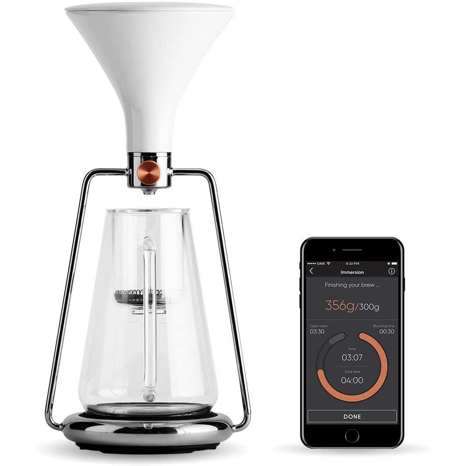 Aparat de cafea si ceai smart Gina Goat Story , inox, 3 metode de preparare, cantar Bluetooth integrat, aplicatie smartphone, incarcator USB