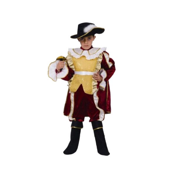 Costum Muschetar, 4 piese, palarie, capa, jacheta si pantaloni, visiniu/auriu, 3 - 4 ani