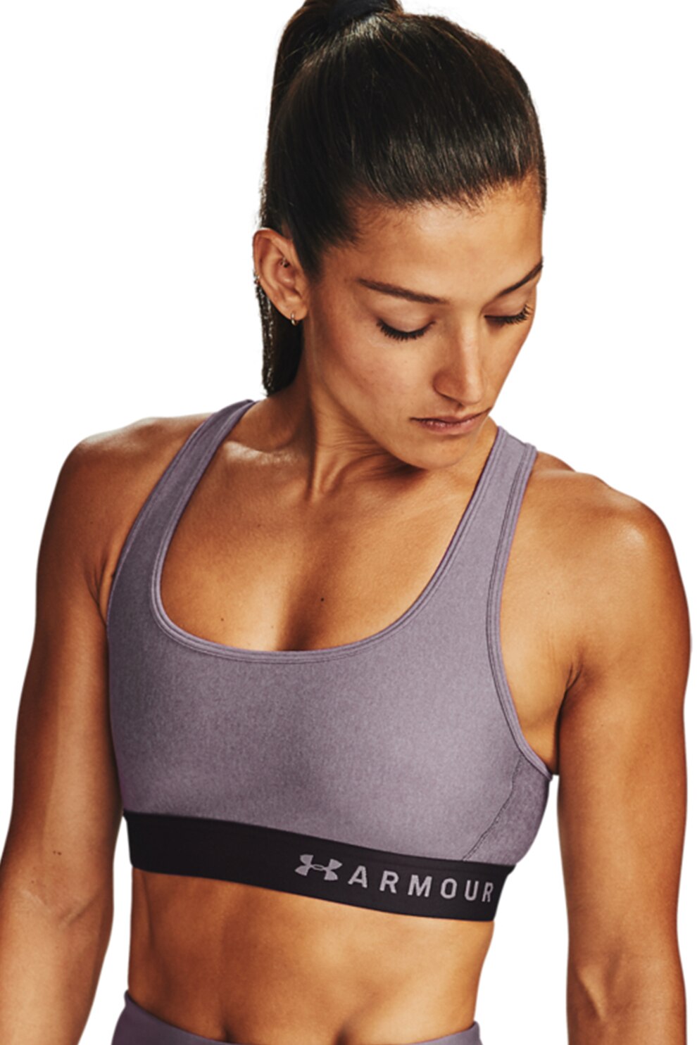 Under Armour, Bustiera cu sustinere medie si model incrucisat pe partea din spate, pentru fitness, Violet melange/Negru, XS