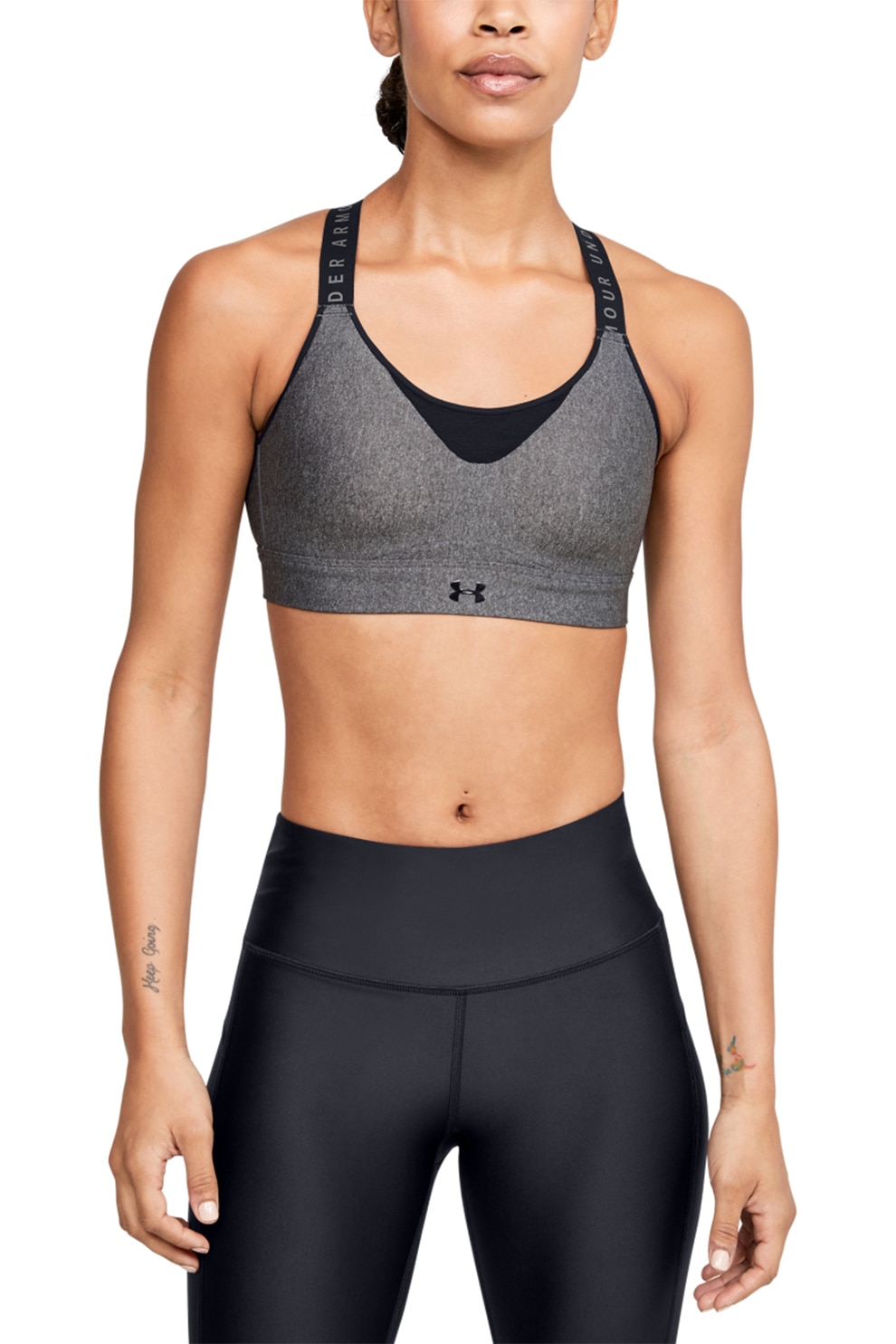 Under Armour, Bustiera cu sustinere maxima pentru antrenament Infinity, Gri inchis melange/Negru