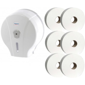 Pachet 1 x Dispenser pentru hartie Mini Jumbo, alb, plastic + 8 x role Hartie Mini Jumbo, 450 gr, 140 m cu derulare centrala Pachet 1 x Dispenser pentru hartie Mini Jumbo, alb, plastic + 8 x role Hartie Mini Jumbo, 450 gr, 140 m cu derulare centrala