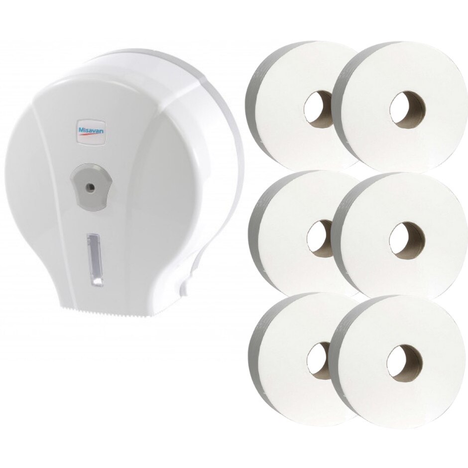Pachet 1 x Dispenser pentru hartie Mini Jumbo, alb, plastic + 6 x role Hartie Mini Jumbo, 300 gr, 90 m, cu derulare centrala