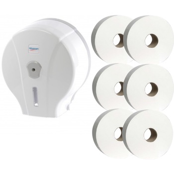 Pachet 1 x Dispenser pentru hartie Mini Jumbo, alb, plastic + 6 x role Hartie Mini Jumbo, 300 gr, 90 m, cu derulare centrala Pachet 1 x Dispenser pentru hartie Mini Jumbo, alb, plastic + 6 x role Hartie Mini Jumbo, 300 gr, 90 m, cu derulare centrala