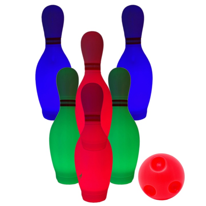 Bowling készlet gyerekeknek, Salamandra Kids, 6 színes led pops, 1 piros labda