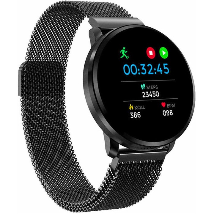 Смарт часовник LikeSmartFiT ConnectForce, докинг станция за зареждане, 1,22" сензорен HD дисплей, известия, мониторинг на сърдечната честота и кръвното налягане, крачкомер, управление на камерата, Space Black