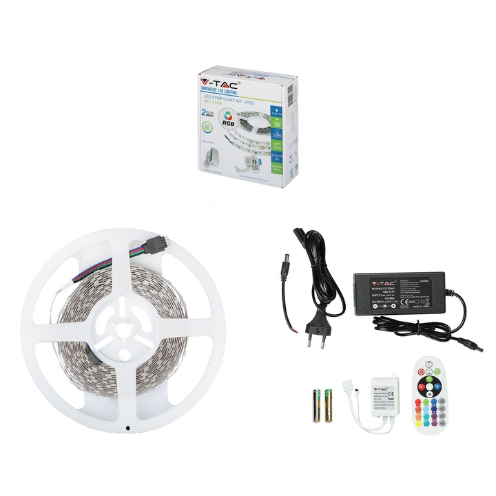 Комплект LED ленти RGB V-TAC 2558, С дистанционно, 10W/м, 1000 лумена/м, Цветна светлина, Включен адаптер, IP20, 5 м