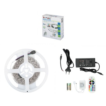Kit de banda LED RGB V-TAC 2558, cu telecomanda, 10W/m, 1000 lm/m, lumina colorata, adaptor inlcus, IP20, 5m Kit de banda LED RGB V-TAC 2558, cu telecomanda, 10W/m, 1000 lm/m, lumina colorata, adaptor inlcus, IP20, 5m