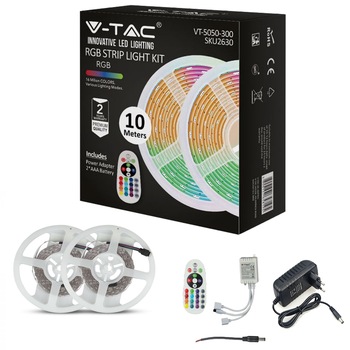 Kit banda LED RGB V-TAC 2630, cu telecomanda, 4.8W/m, 500 lm/m, lumina colorata, adaptor inclus, IP20, 10m (2x5m) Kit banda LED RGB V-TAC 2630, cu telecomanda, 4.8W/m, 500 lm/m, lumina colorata, adaptor inclus, IP20, 10m (2x5m)