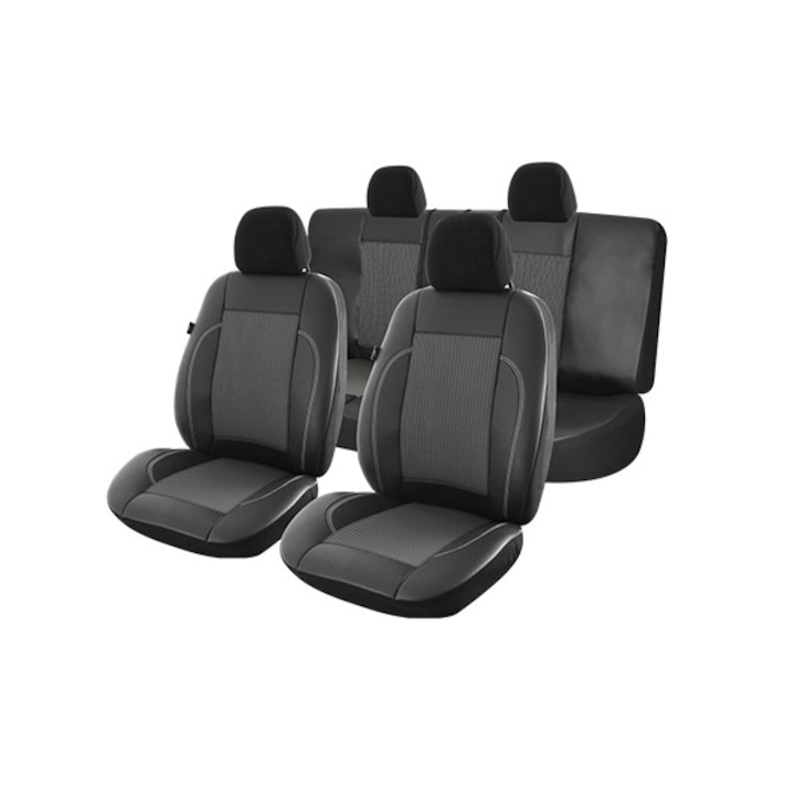 Set huse scaune auto Universale, Editia Exclusive Leather Lux, Material Piele Ecologica + Insertii Material Textil, 11 piese, Smartic®, negru