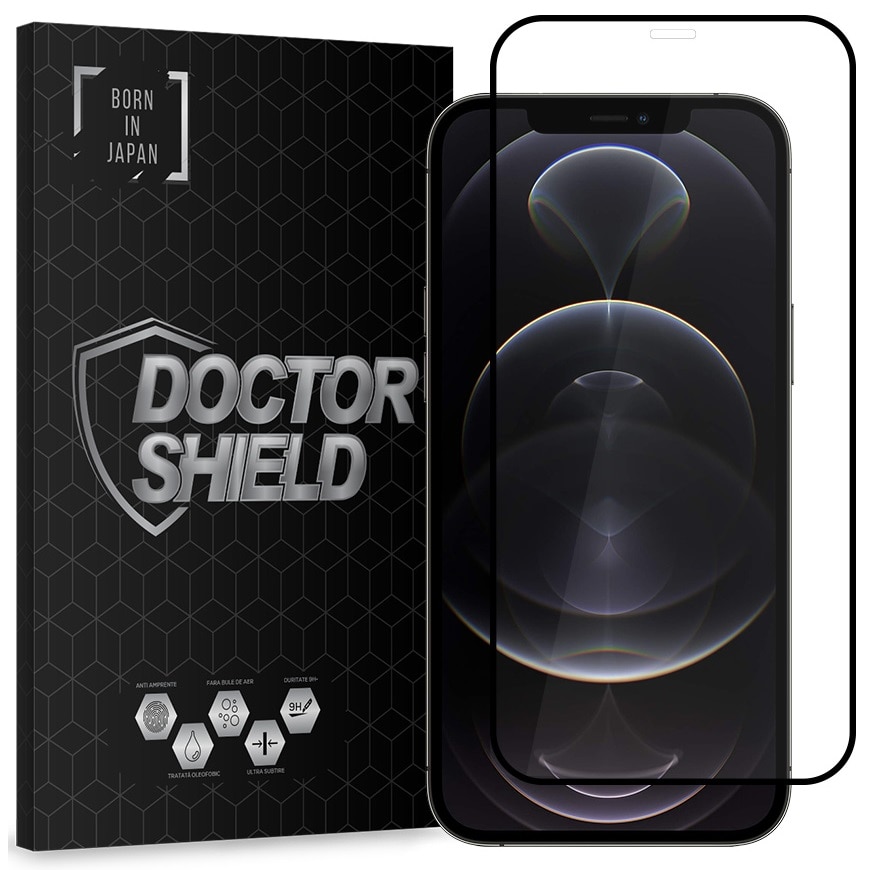 Folie Sticla Dr.Shield, Apple iPhone 12, Protectie Profesionala Ecran 3D, Full Cover- Negru