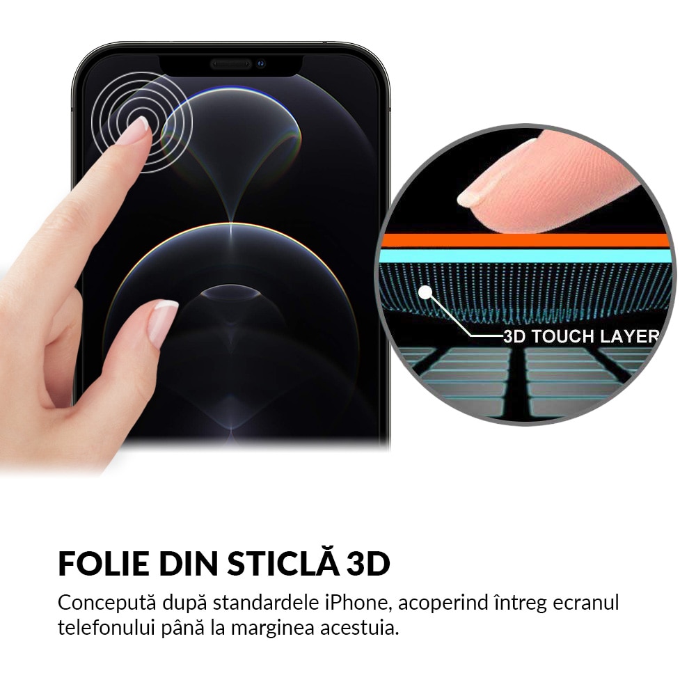 Folie Sticla Dr.Shield, Compatibila Apple iPhone 12 Pro Max, Protectie Profesionala Ecran 3D, Full Cover- Negru