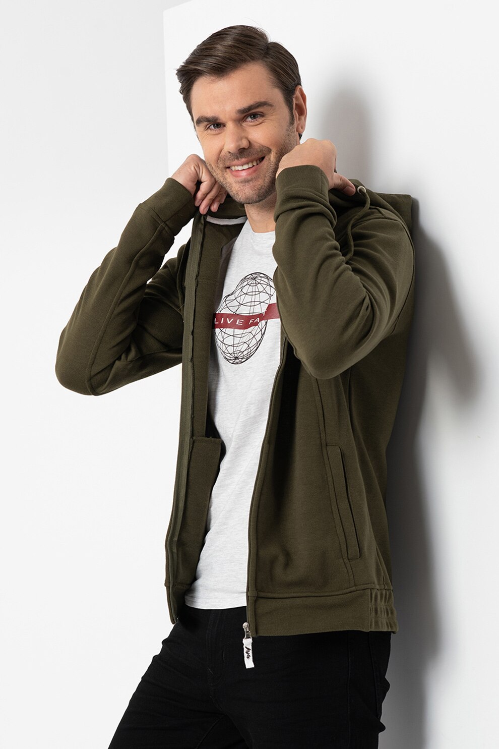 Haily's, Hanorac cu fermoar si buzunare oblice Federico, Verde militar