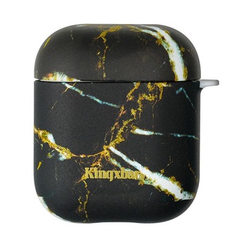 Husa Apple Airpods, Kingxbar, Silicon, Negru Marmura Husa Apple Airpods, Kingxbar, Silicon, Negru Marmura