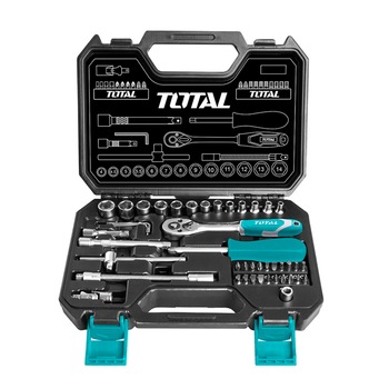 Trusa de chei tubulare Total, 1/4 cu antrenor, CR-V, albastru/negru, 45 piese Trusa de chei tubulare Total, 1/4 cu antrenor, CR-V, albastru/negru, 45 piese