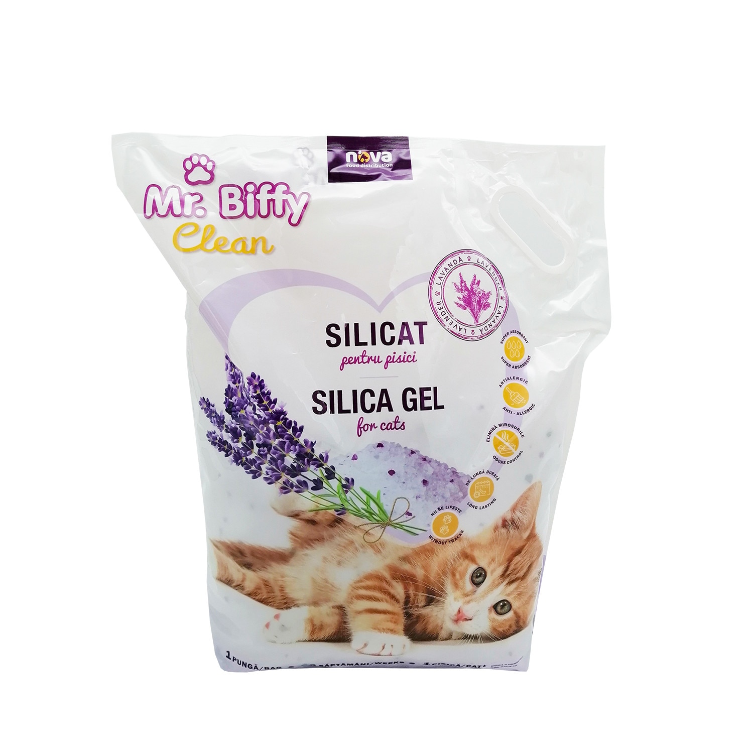 Asternut igienic pentru pisici, Mr. Biffy, Silicat Lavanda, 15 L, sl150