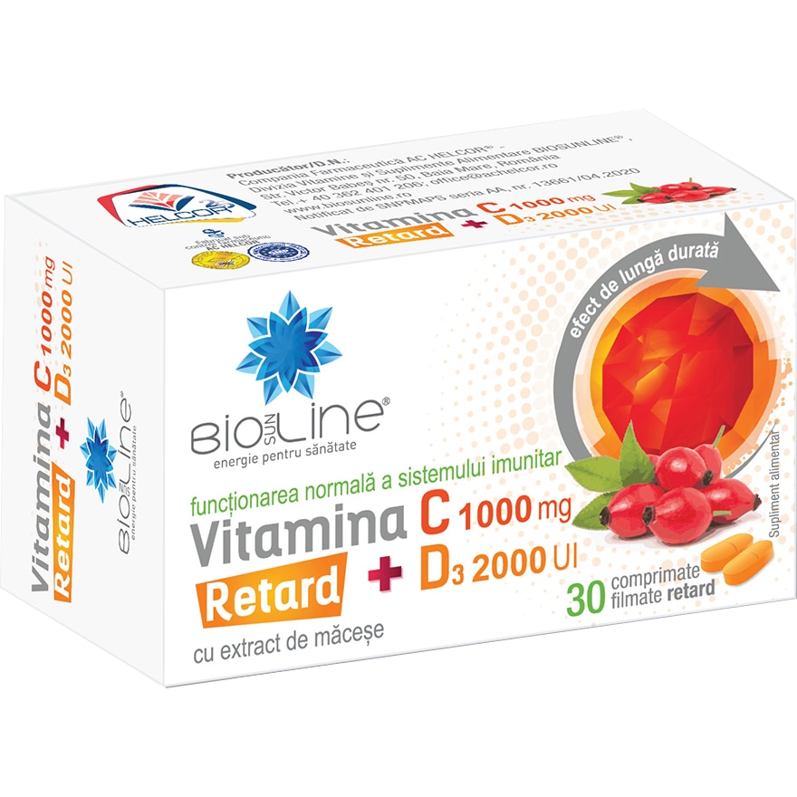 Supliment alimentar Vitamina C 1000 mg cu D3 2000 UI Retard, BioSunLine, 30 comprimate filmate