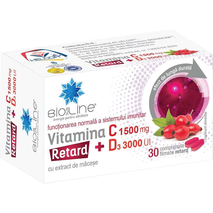 Supliment alimentar Vitamina C 1500 mg cu D3 3000 UI Retard, BioSunLine, 30 comprimate filmate