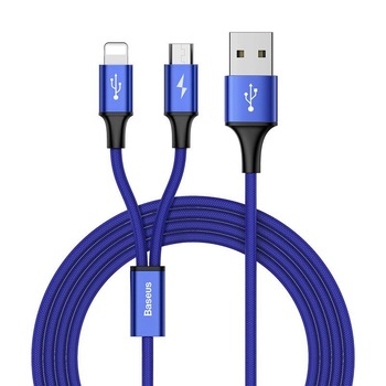 Cablu de date/incarcare Baseus, 2in1 Rapid Series, Lightning/MicroUSB, 1.2M, 3 A, Albastru Cablu de date/incarcare Baseus, 2in1 Rapid Series, Lightning/MicroUSB, 1.2M, 3 A, Albastru