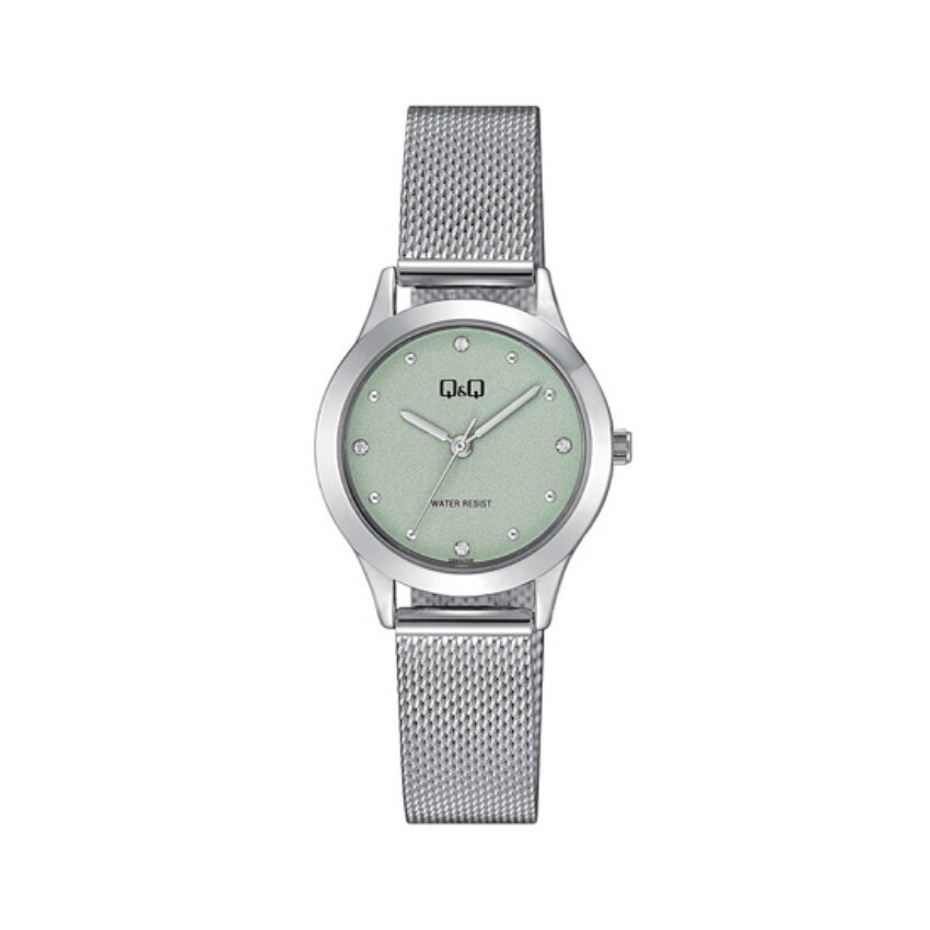 Ceas dama Q&Q Fashion, analog, rotund, argintiu cu verde