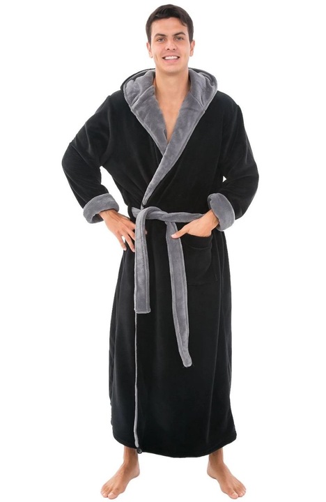 Halat moale pentru barbati, Bella Stella, Cu gluga si buzunare, Poliester, Negru/Gri, 5XL