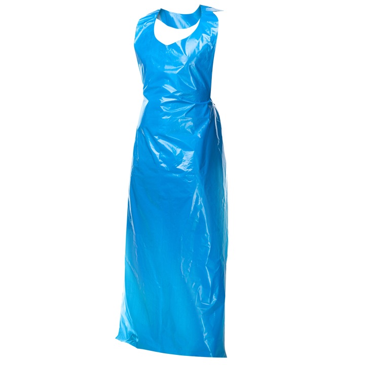 Set 100 bucati sorturi albastre cu pieptar de protectie, de unica folosinta, 1200x800mm, 35 microni