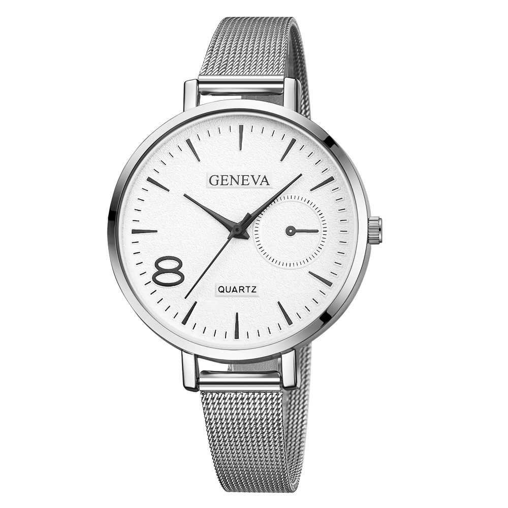 Ceas Geneva Dama Quartz Casual Elegant Argintiu/alb, PN999392SAB, curea din metal (mesh), afisaj Analog