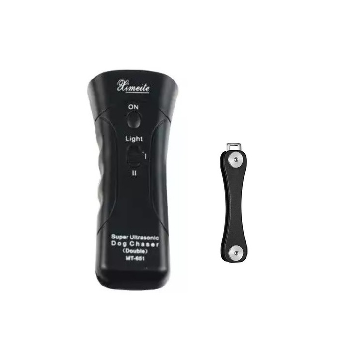 Pachet format din Aparat de AutoAparare BRT-09C cu lanterna si Ultrasunete impotriva Cainilor Agresivi, cu Functie de Dresaj si Organizator chei