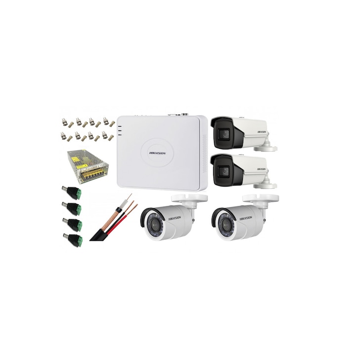 Sistem de supraveghere Uniview cu 4 camere 5 Megapixeli, Infrarosu 20M, DVR Hibrid cu 4 canale 5MP, HDD, accesorii