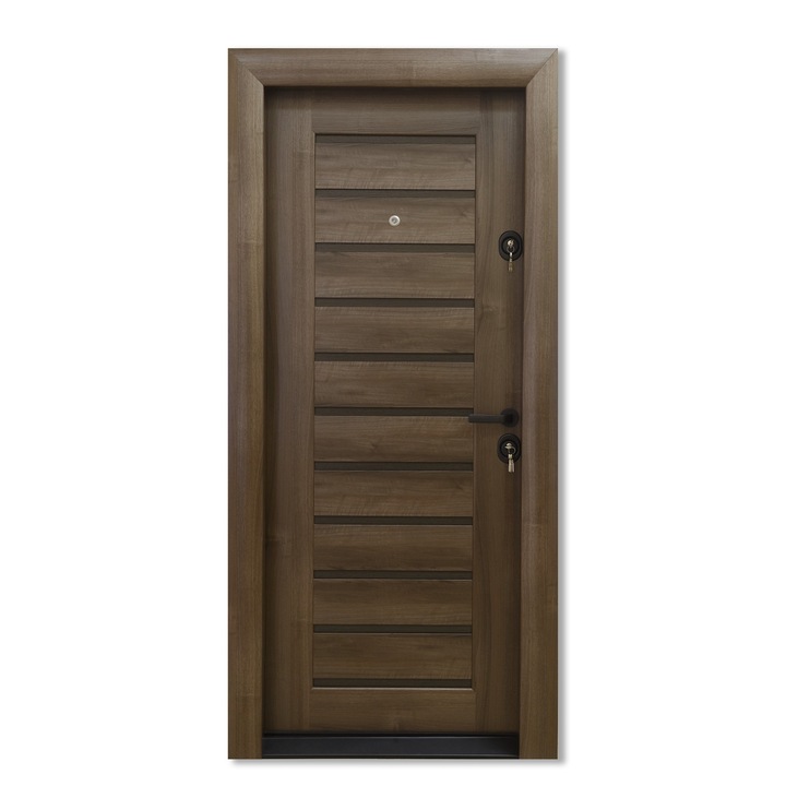Usa metalica cu MDF Arhitect 416, pentru exterior, cu vizor, deschidere stanga, nuc/wenge, 88x201 cm