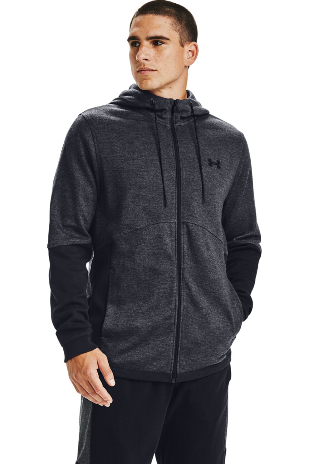 Under Armour, Hanorac elastic cu fermoar, pentru antrenament Double Knit, Gri inchis melange/Negru