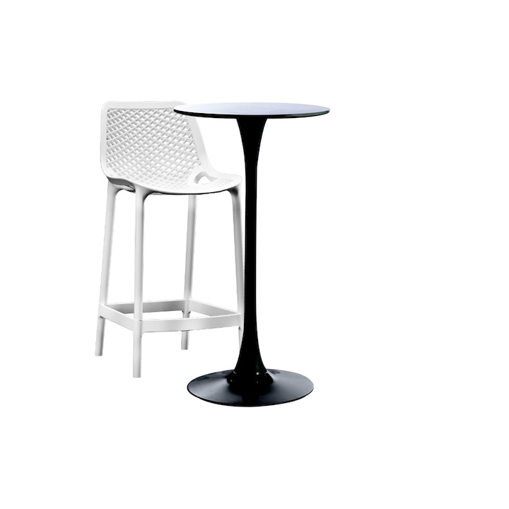 Set masa si scaune de bar , RAKI, 2 piese, masa neagra 60x101cm cu 1 scaun alb London Air 52x44x105cm