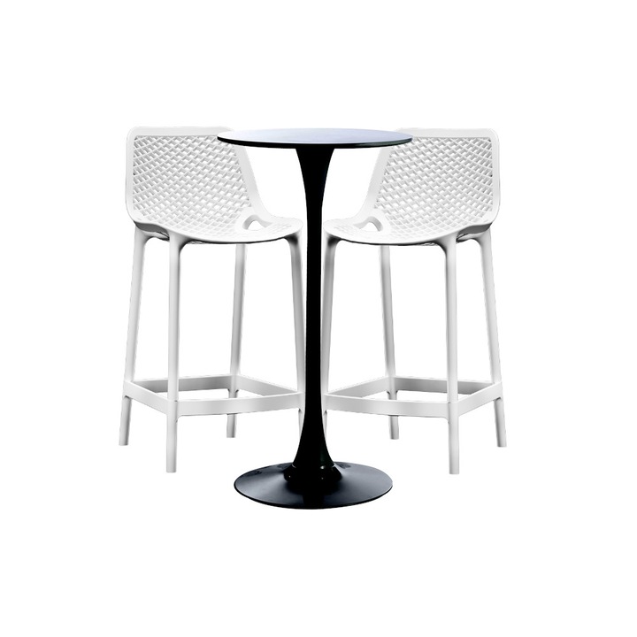 Set masa si scaune de bar , RAKI, 3 piese, masa neagra 60x101cm cu 2 scaune albe London Air 52x44x105cm
