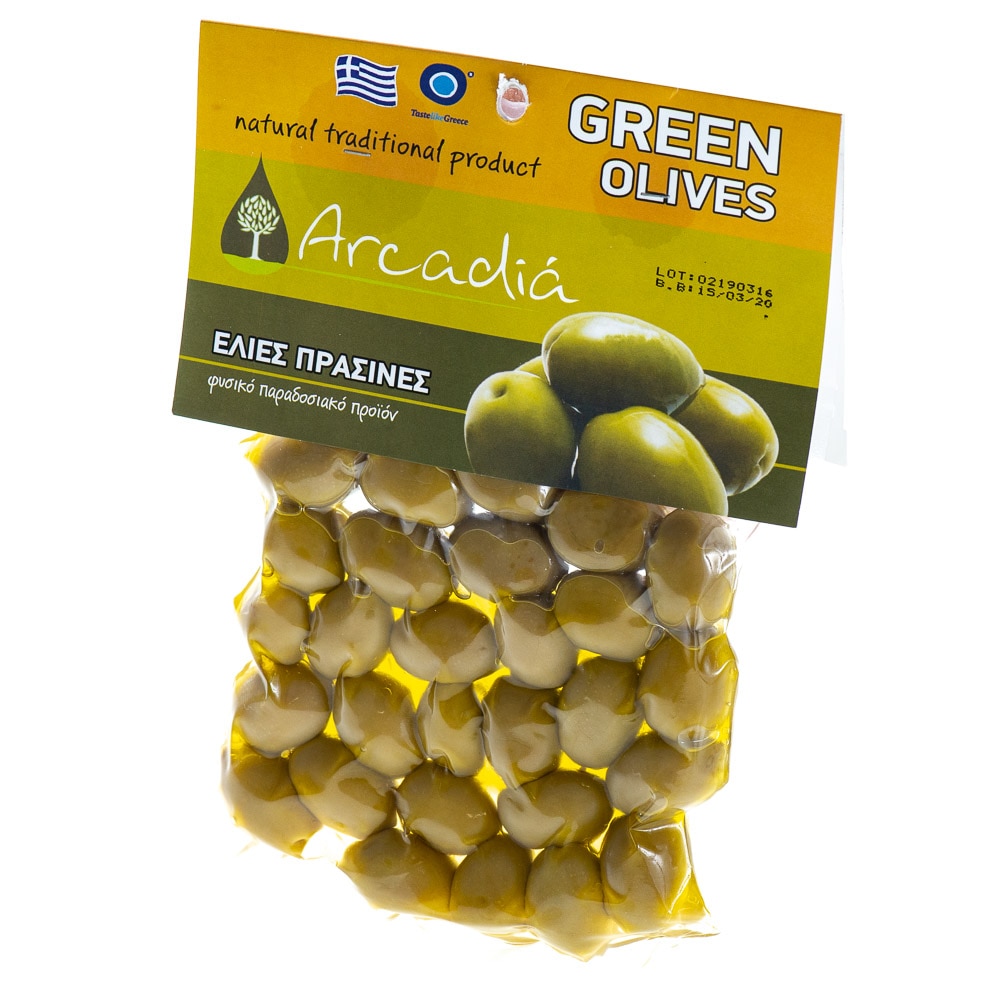 Masline verzi vidate, Arcadia, 100% naturale, ideal la prepararea aperitivelor, salatelor sau cocktail-urilor, 200 g