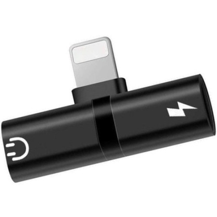 Mini Adaptor Lightning dual port, pentru casti si incarcare iPhone, negru/rosu