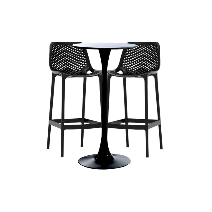 Set masa si scaune de bar , RAKI, 3 piese, masa neagra 60x101cm cu 2 scaune London Air negre 52x44x105cm