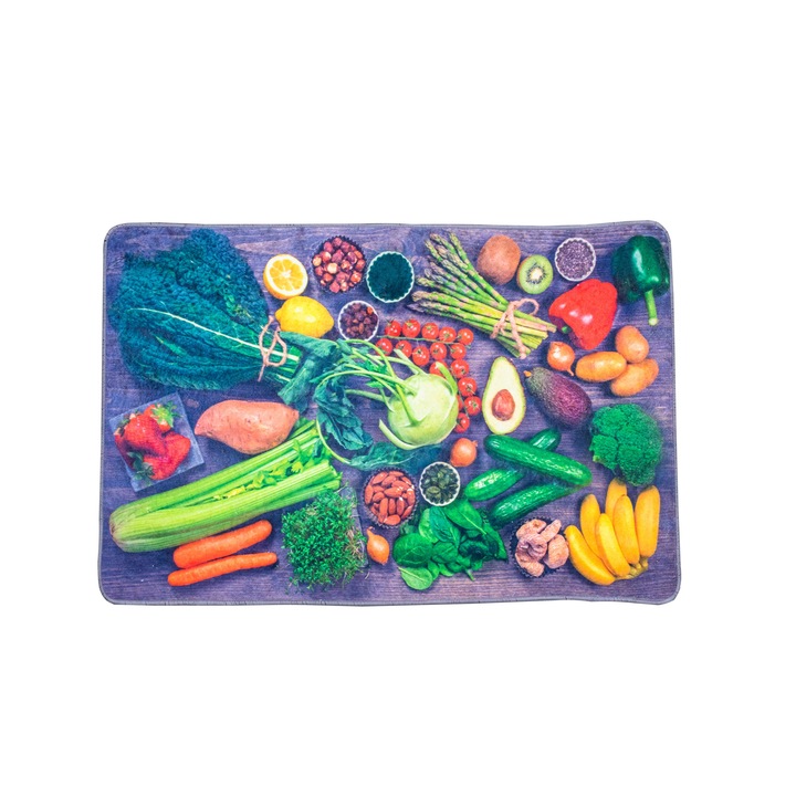 Covor bucatarie Brill Vegetables, 60x135 cm, grosime 2.5 mm, tip printed, poliester, lavabil, antiderapant, gramaj 1000g/mp, model vegetale