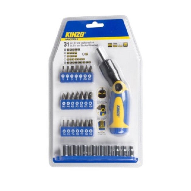 Set surubelnita cu clichet, 31 piese, chei tubulare 4-12mm,surubelnita dreapta , cruce si Torx T10-T40 , Kinzo