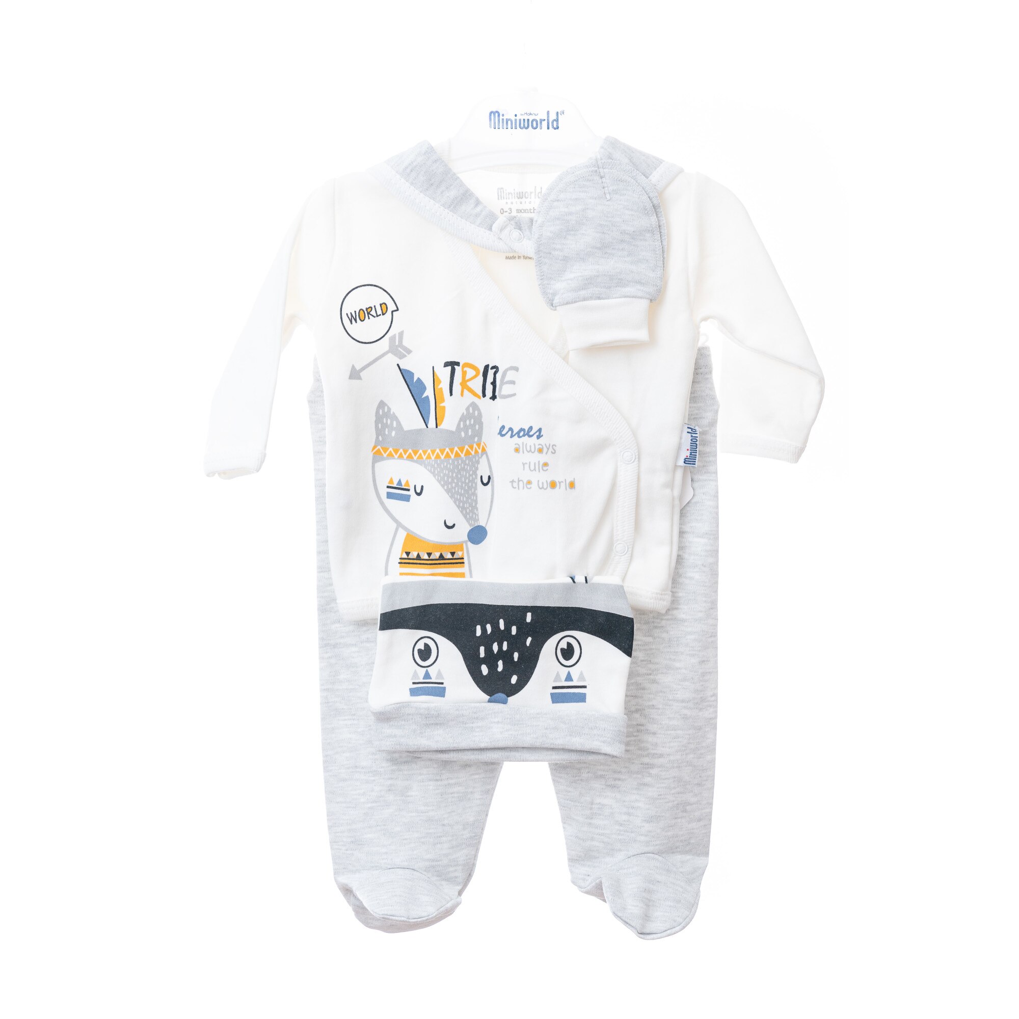 Set 5 piese nou nascut si bebelusi, tribe, Miniworld, 0-3 luni, alb/gri