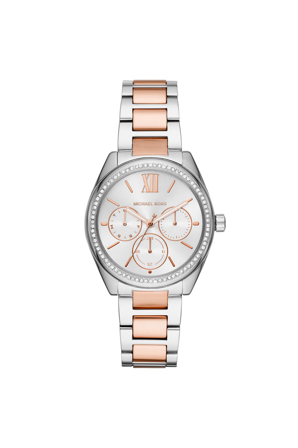 Michael Kors, Ceas quartz bicolor decorat cu cristale transparente, Argintiu/Auriu rose