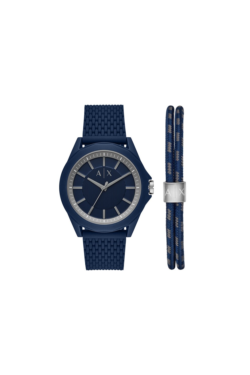 ARMANI EXCHANGE, Set de ceas analog si bratara cu model nautic, Albastru inchis
