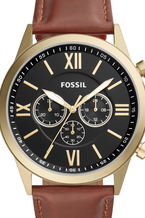 Fossil, Иноксов часовник с хронограф и кожена каишка, Коняк, златист