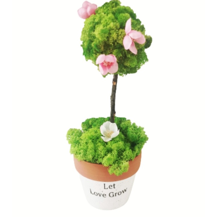 Aranjament cu licheni sub forma de copac si cu ghiveci din lut