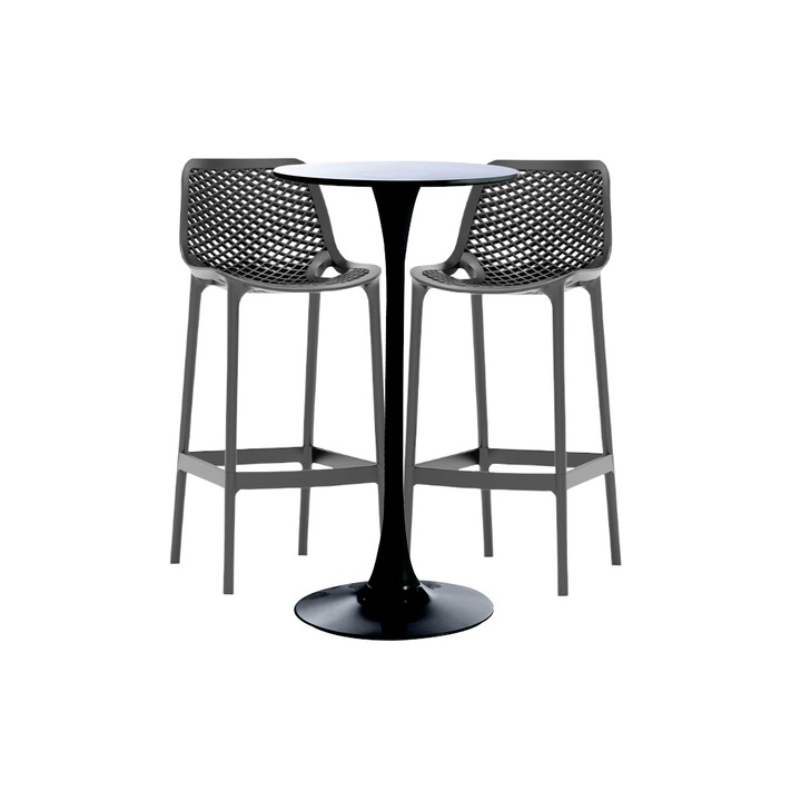 Set masa si scaune de bar , RAKI, 3 piese, masa neagra 60x101cm cu 2 scaune London Air gri 52x44x105cm