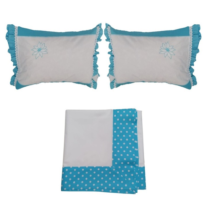 Set pat, cearsaf pat Cristina, alb/albastru turcoaz,buline, bumbac percale, 200/240, 2 x fata perna 50x70