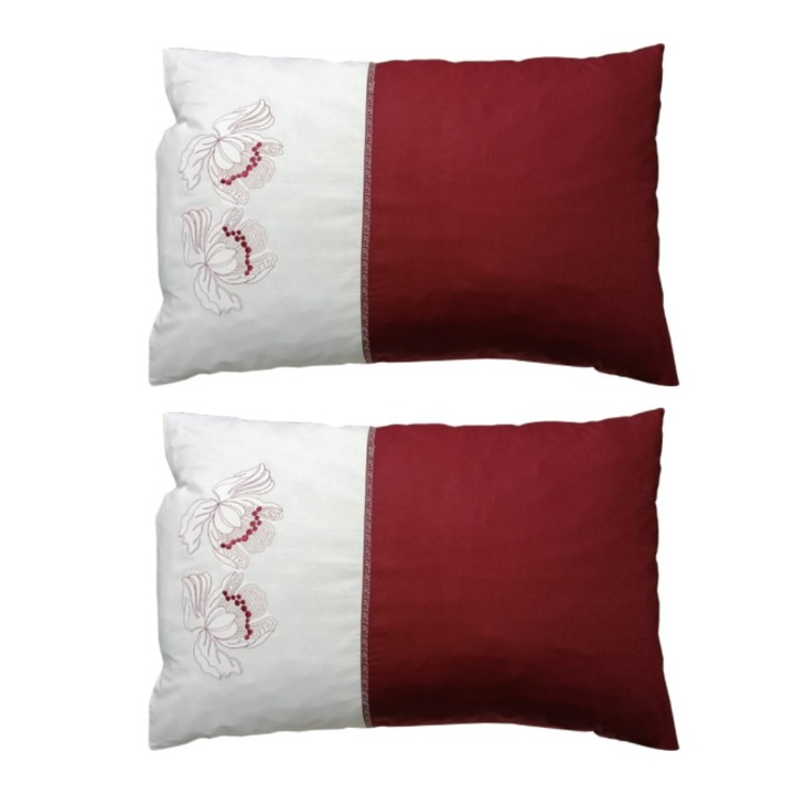 Set 2 x Husa perna brodata Iris, bordo/crem, bumbac, 50/70