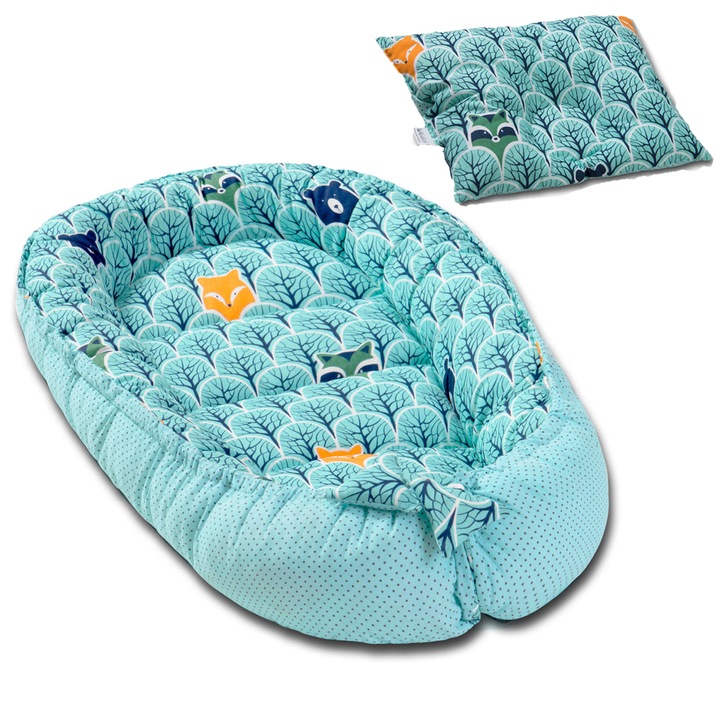 Set cosulet dormit bebelusi portabil Kidizi Baby Nest cu pernuta plagiocefalie Kidizi Animals Mint