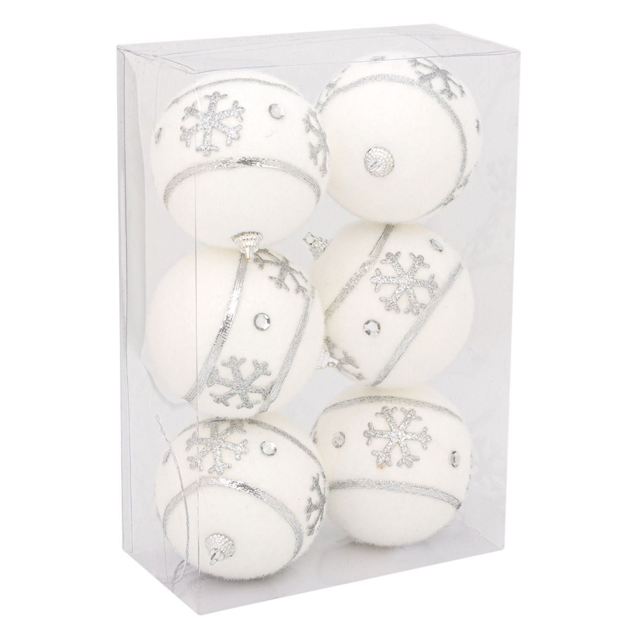 Set 6 globuri cu design alb argintiu de Craciun, 6 cm