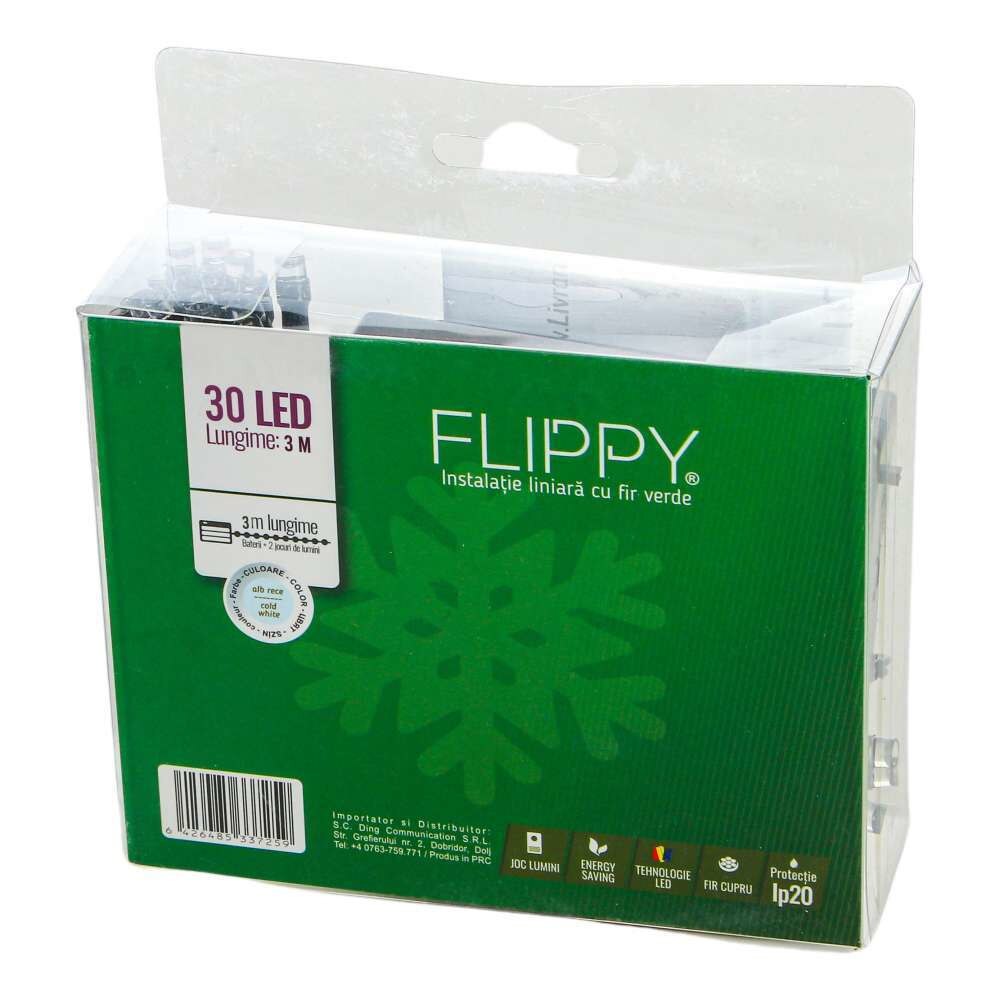 Instalatie Craciun, Liniara, 3 m, Baterii, Alb Rece, 30 LED -uri, 2 jocuri de lumini, Fir Verde