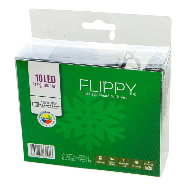 Коледни лампички, Flippy, тип низ, 1м, 10 Flash LED, зелена жица, Многоцветен