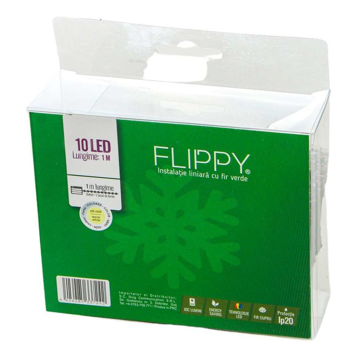 Коледни лампички, Flippy, тип низ, 1м, 10 Flash LED, зелена жица, топло бяло
